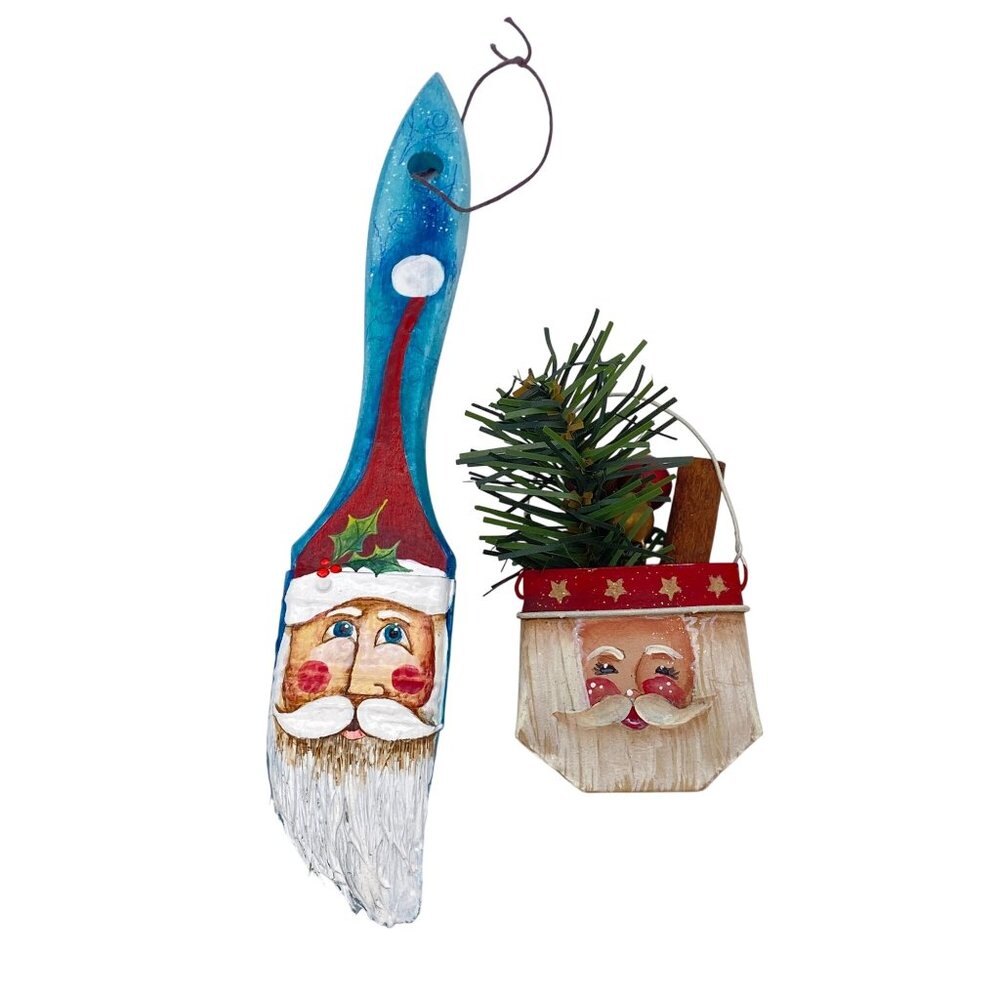 Hand painted Santa Claus Christmas tree ornaments paint brush metal pocket